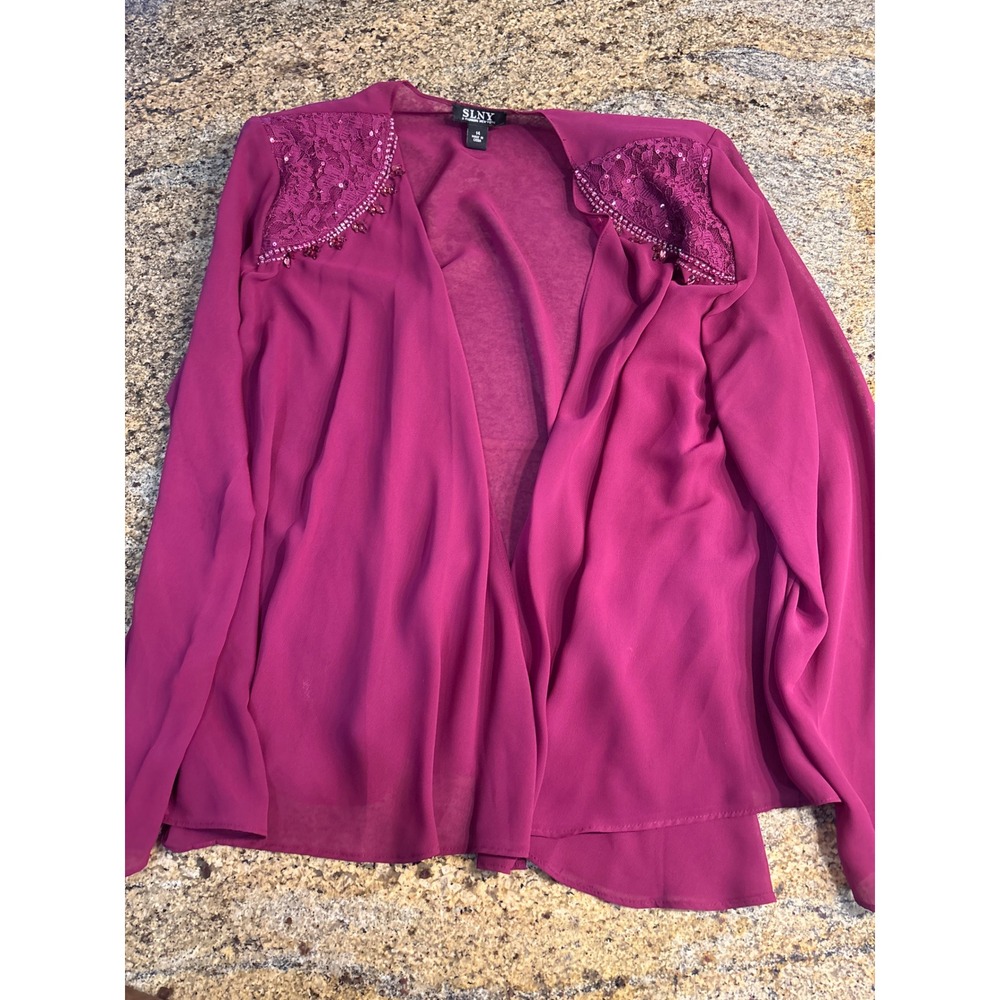 SLNY Womens Plum Purple Beaded Tiered Dress Jacket 2-piece Set Size 14 - Picture 10 of 13